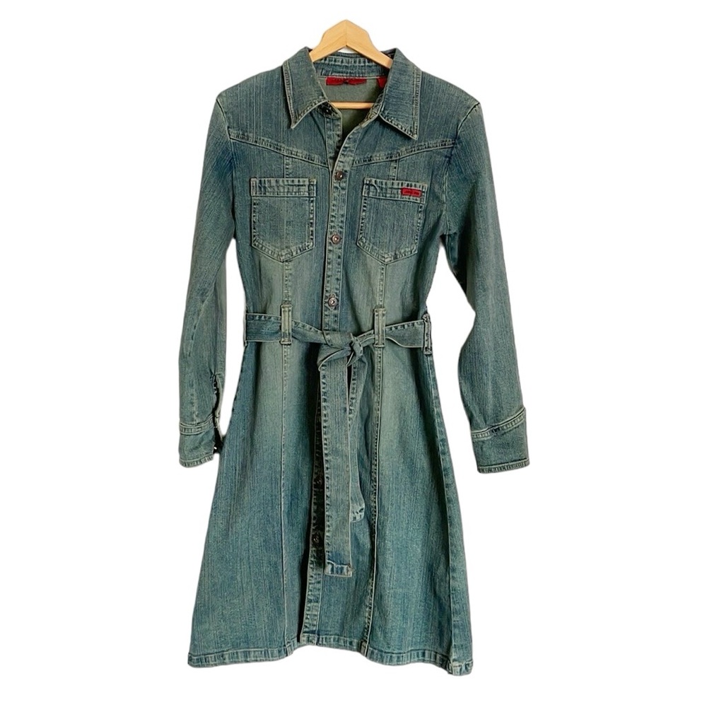 Jane Doe Jeans Y2K Denim Button Front Dress Coat Belted Jacket size L